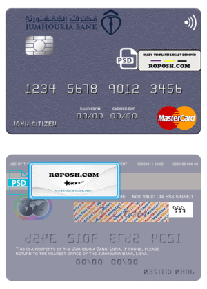Libya Jumhouria Bank mastercard fully editable credit card template in PSD format