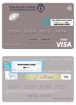 Libya Jumhouria Bank visa card fully editable template in PSD format