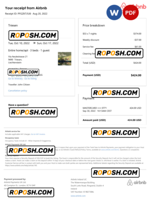 Liechtenstein Airbnb booking confirmation Word and PDF template
