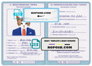 Liechtenstein cat (animal, pet) passport PSD template, fully editable