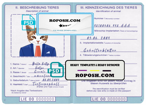Liechtenstein cat (animal, pet) passport PSD template, fully editable