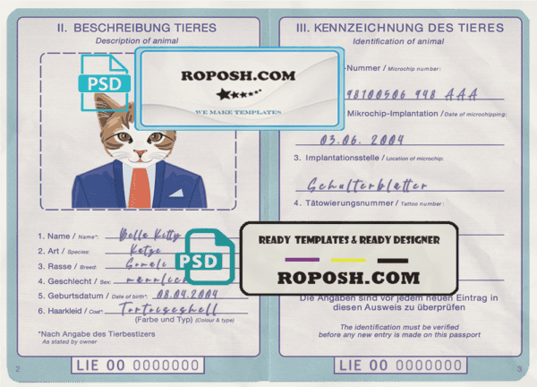 Liechtenstein cat (animal, pet) passport PSD template, fully editable