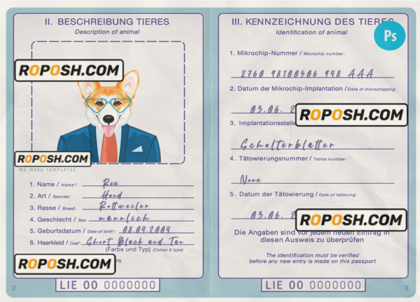 Liechtenstein dog (animal, pet) passport PSD template, fully editable scan effect