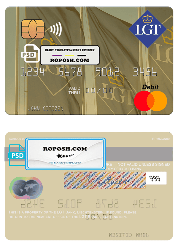 Liechtenstein LGT Bank mastercard fully editable credit card template in PSD format