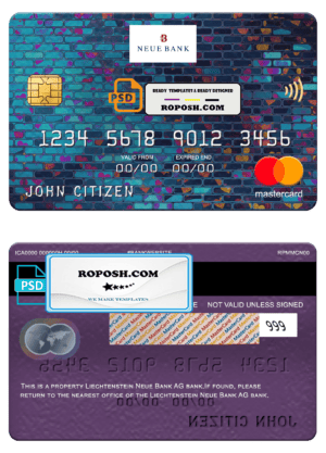 Liechtenstein Neue bank mastercard, fully editable template in PSD format