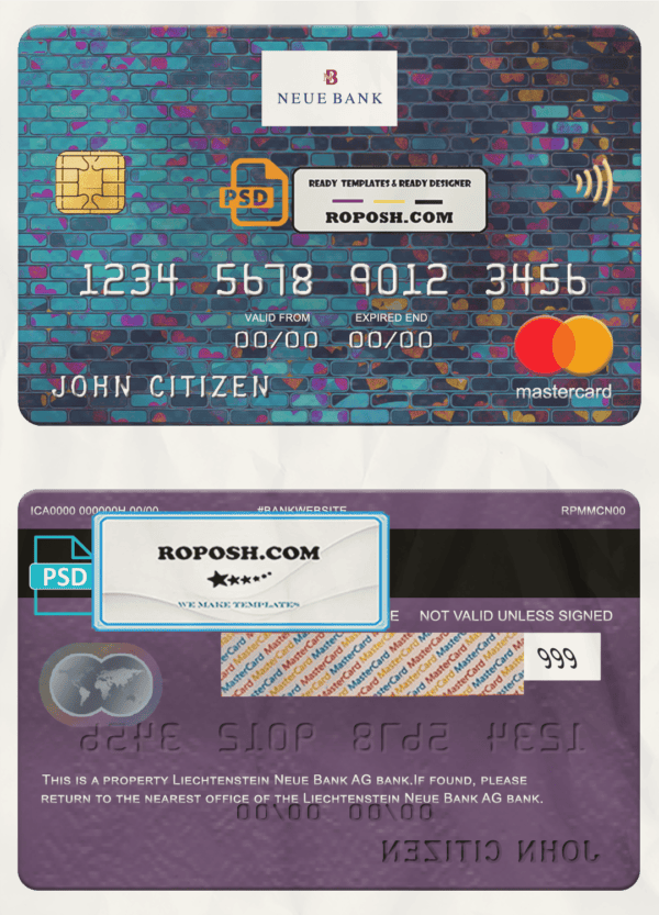 Liechtenstein Neue bank mastercard, fully editable template in PSD format