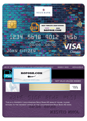 Liechtenstein Neue bank visa classic card, fully editable template in PSD format