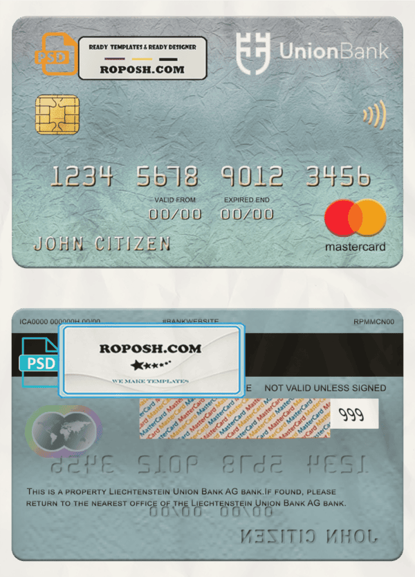 Liechtenstein Union bank mastercard, fully editable template in PSD format