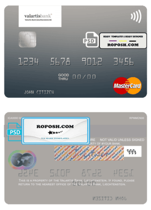 Liechtenstein Valartis Bank mastercard fully editable credit card template in PSD format