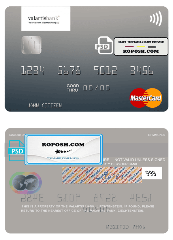 Liechtenstein Valartis Bank mastercard fully editable credit card template in PSD format