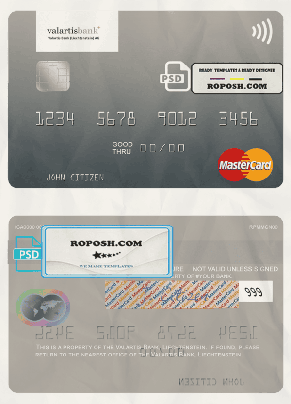 Liechtenstein Valartis Bank mastercard fully editable credit card template in PSD format