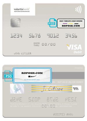 Liechtenstein Valartis Bank visa card fully editable template in PSD format