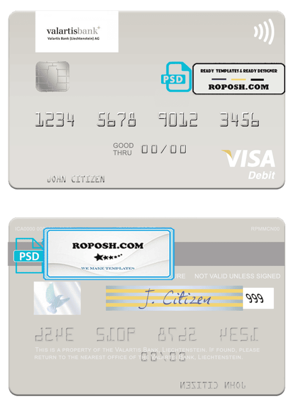 Liechtenstein Valartis Bank visa card fully editable template in PSD format
