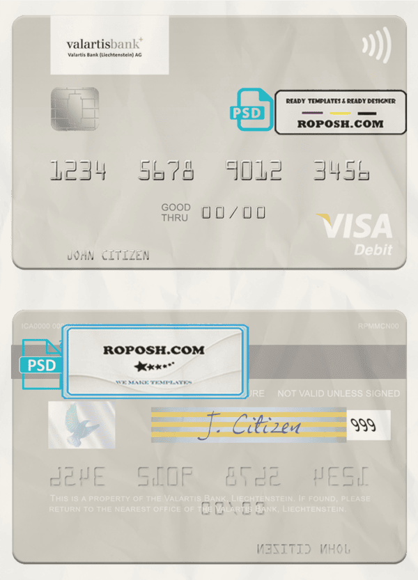 Liechtenstein Valartis Bank visa card fully editable template in PSD format