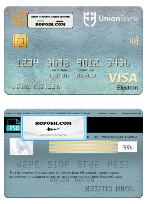 Liechtenstein Union bank visa electron card, fully editable template in PSD format