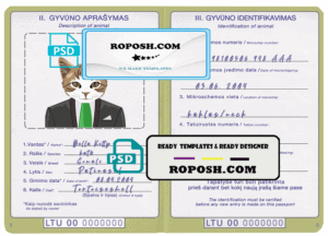 Lithuania cat (animal, pet) passport PSD template, completely editable