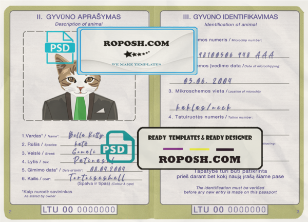 Lithuania cat (animal, pet) passport PSD template, completely editable scan effect