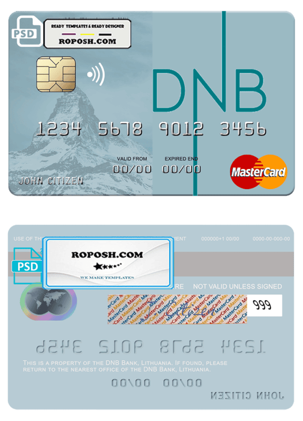 Lithuania DNB Bank mastercard fully editable credit card template in PSD format