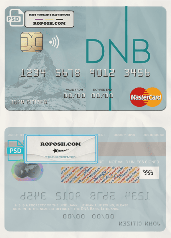 Lithuania DNB Bank mastercard fully editable credit card template in PSD format
