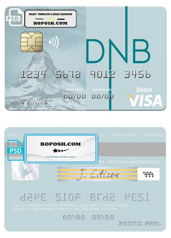 Lithuania DNB Bank visa card fully editable template in PSD format