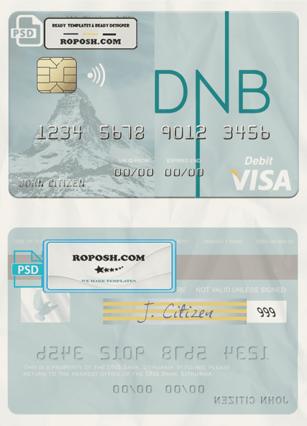 Lithuania DNB Bank visa card fully editable template in PSD format