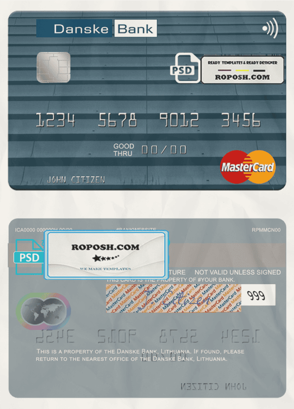 Lithuania Danske Bank mastercard fully editable template in PSD format
