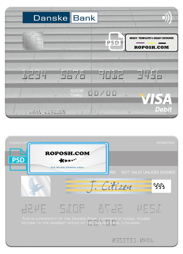 Lithuania Danske Bank visa card fully editable template in PSD format