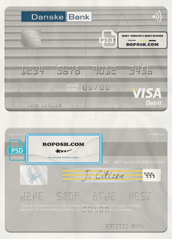 Lithuania Danske Bank visa card fully editable template in PSD format
