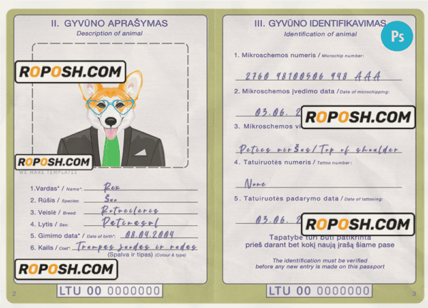 Lithuania dog (animal, pet) passport PSD template, completely editable
