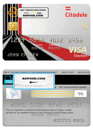 Lithuania (Litva) Citadele bank visa electron card, fully editable template in PSD format