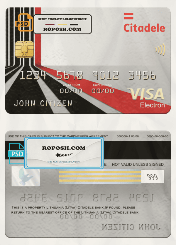Lithuania (Litva) Citadele bank visa electron card, fully editable template in PSD format