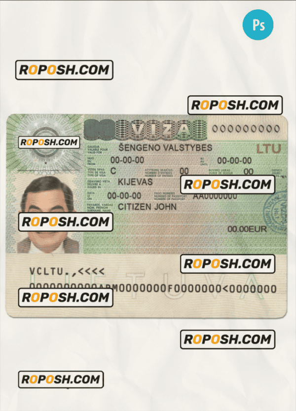 Lithuania (Litva) Schengen visa template in PSD format, fully editable