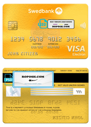 Lithuania Swedbank visa elrctron card, fully editable template in PSD format