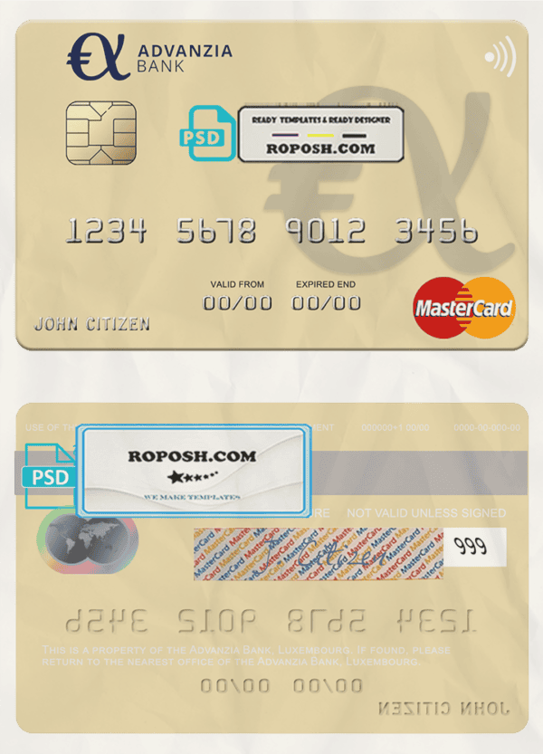 Luxembourg Advanzia Bank mastercard credit card template in PSD format