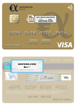 Luxembourg Advanzia Bank visa credit card template in PSD format, fully editable
