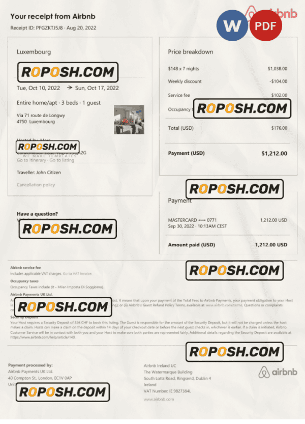 Luxembourg Airbnb booking confirmation Word and PDF template