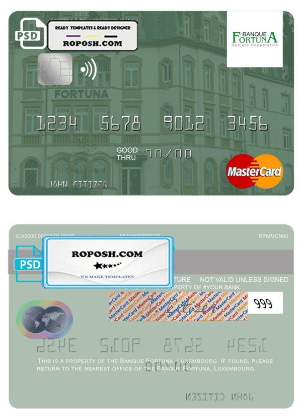 Luxembourg Banque Fortuna mastercard credit card template in PSD format