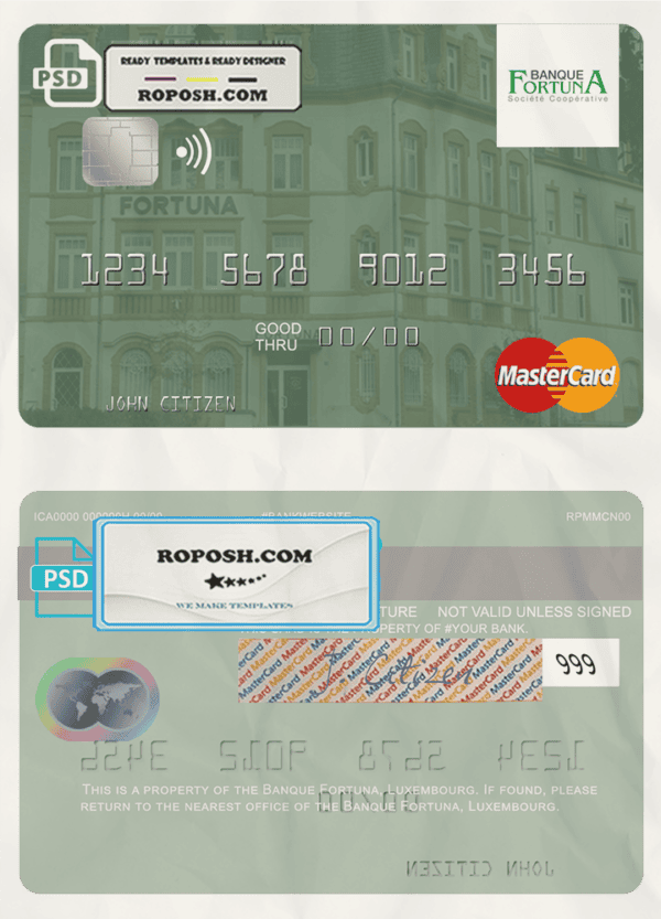 Luxembourg Banque Fortuna mastercard credit card template in PSD format