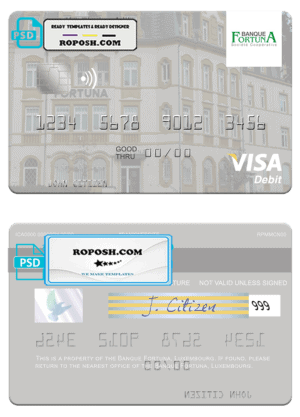 Luxembourg Banque Fortuna visa credit card template in PSD format