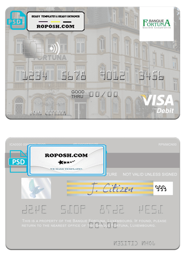 Luxembourg Banque Fortuna visa credit card template in PSD format
