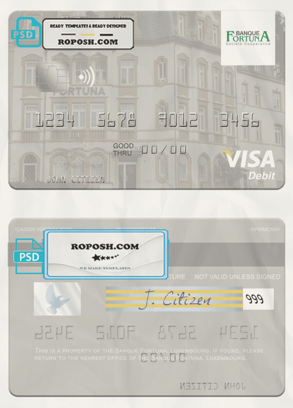Luxembourg Banque Fortuna visa credit card template in PSD format