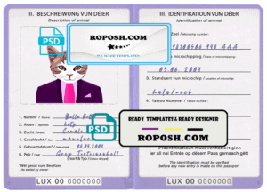 Luxembourg cat (animal, pet) passport PSD template, fully editable