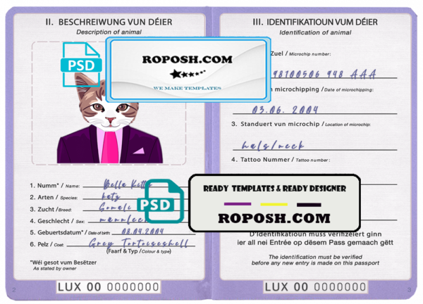 Luxembourg cat (animal, pet) passport PSD template, fully editable