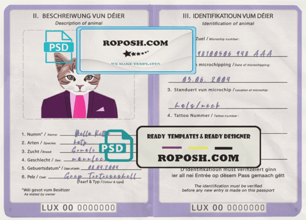 Luxembourg cat (animal, pet) passport PSD template, fully editable
