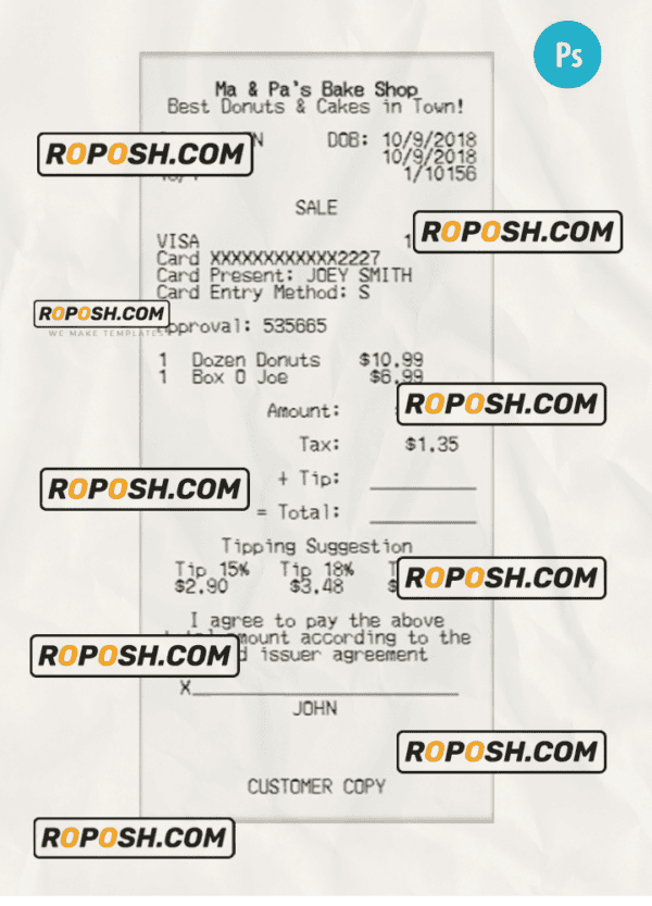 MA & PA’S BAKE SHOP receipt PSD template