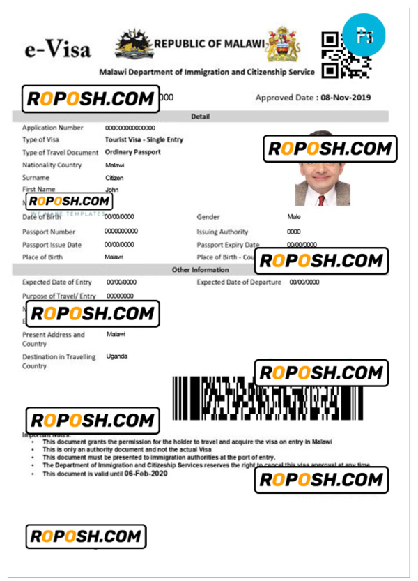MALAWI electronic travel visa PSD template, fully editable