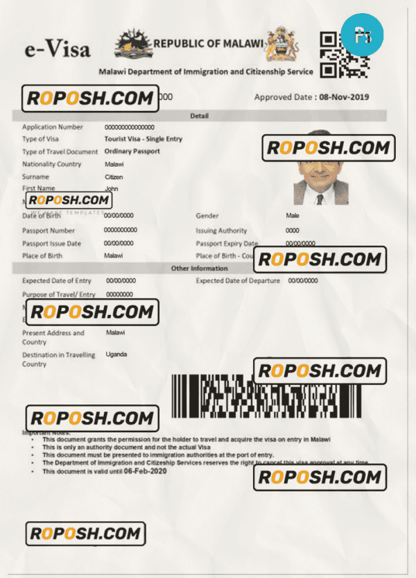 MALAWI electronic travel visa PSD template, fully editable
