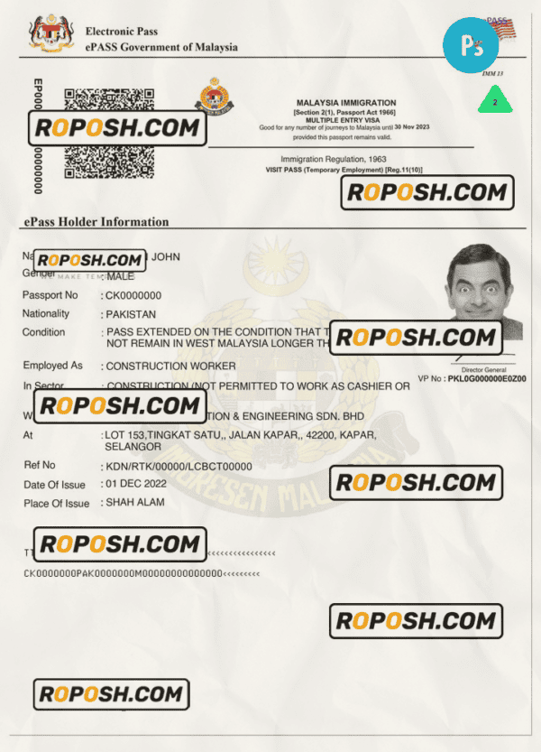 Malaysia e-pass multiple entry visa PSD template, completely editable, with fonts