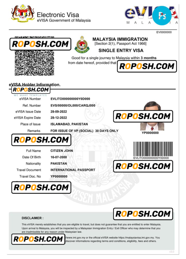 MALAYSIA electronic visa PSD template, fully editable