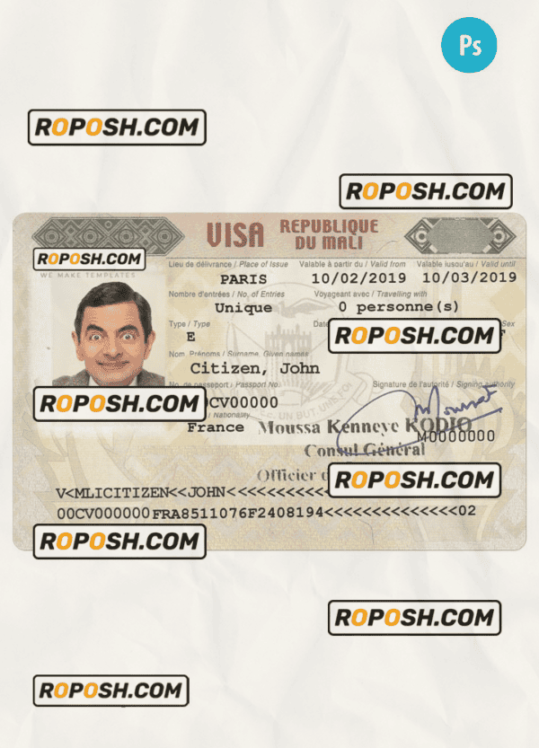 MALI entry visa PSD template, completely editable, with fonts